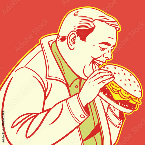 Plus size man biting into a juicy burger.