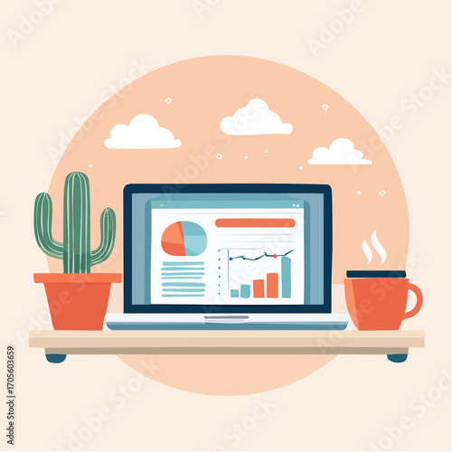 Workstation setup with laptop showcasing graphs and a cactus next to a cup of coffee