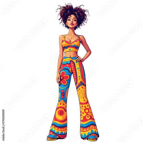 Vsai fashion model posing in colorful bell bottoms and crop top