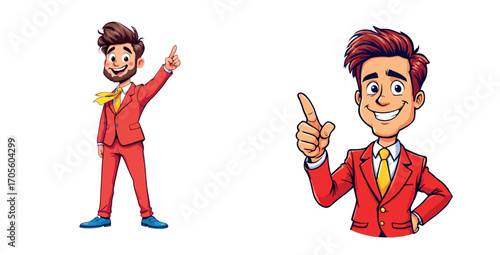 Vsai smiling businessman pointing upwards in red suit