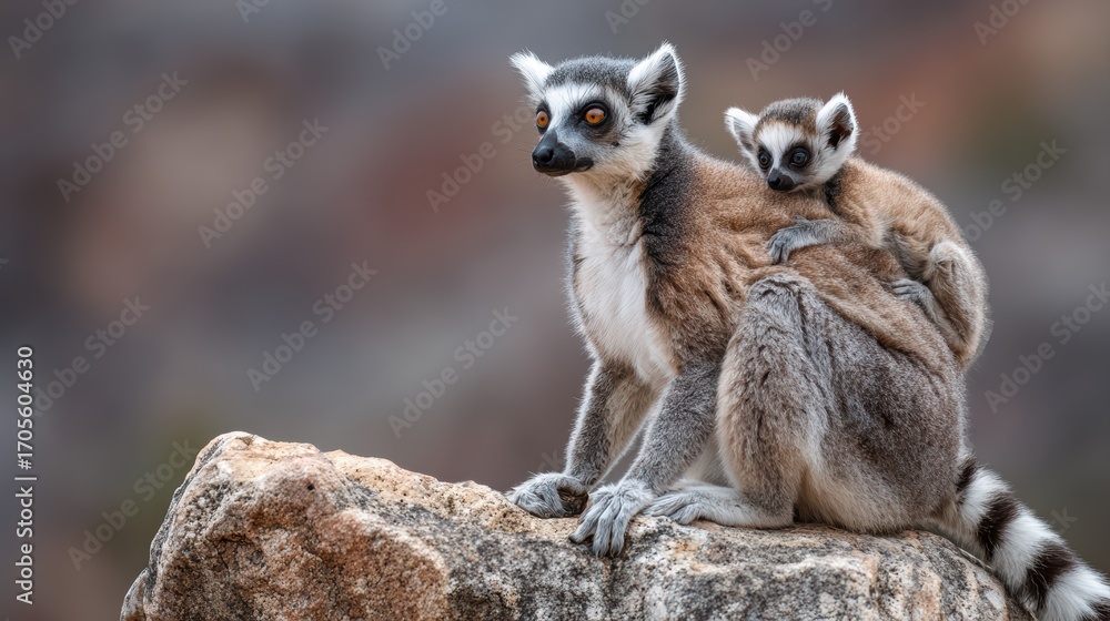 Fototapeta premium Stunning Moment Captured Upsurge of Affection Ringtailed Lemurs Cuddling Together on a Rocky Outcrop, Perfect for Heartwarming Campaigns and Emotional Projects.