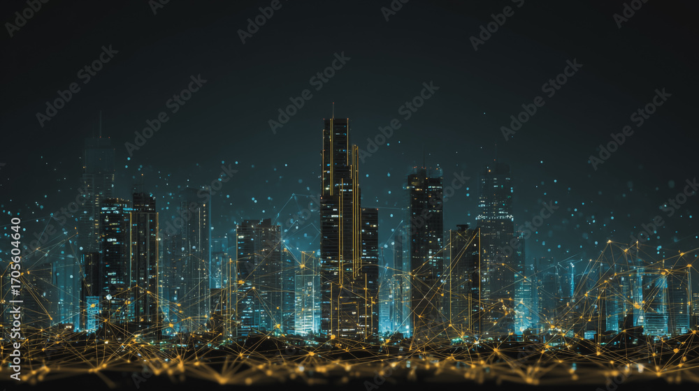 Obraz premium Twilight a city of modern business and smart digital innovation with a network of interconnected rewards over the cityscape of the future smart wireless digital city and social media network