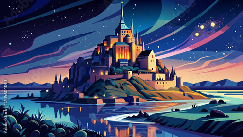 Mont Saint-Michel in France rises majestically from tidal sands, its illuminated abbey shimmering like a beacon of history beneath a clear star-filled night sky.