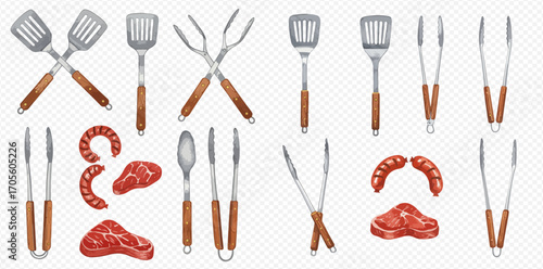 A comprehensive collection of barbecue grilling tools, including spatulas, tongs, and forks, presented alongside raw steaks and sausages.