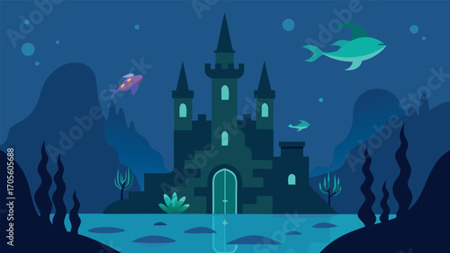 Magical underwater castle scene vector illustration with mysterious glowing lights and aquatic flora