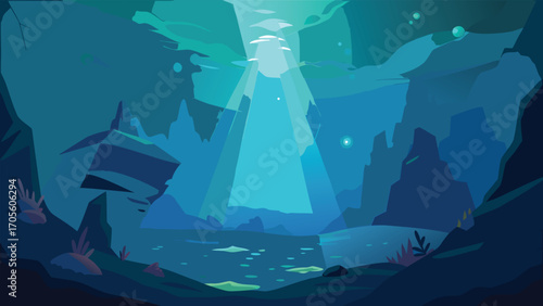 Magical underwater world with glowing rays of light vector illustration