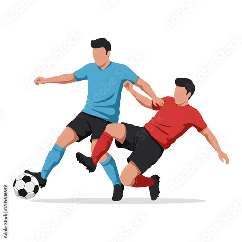 Intense football duel showing a defender in a red uniform making a sliding tackle to challenge an attacker with the ball
