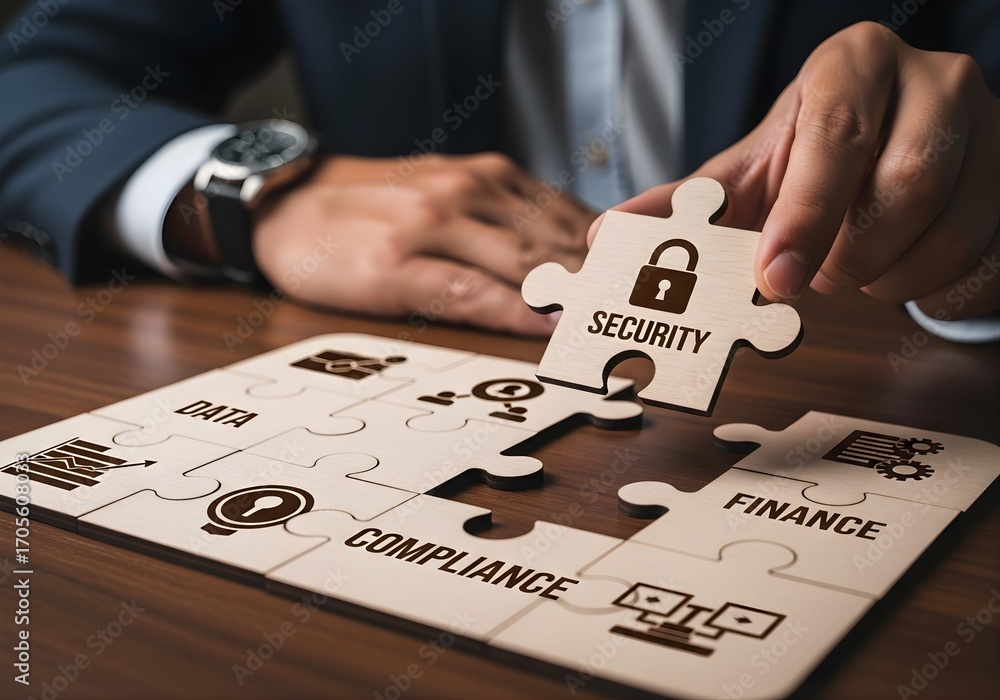 Obraz premium A detailed, hands-on image representing the meticulous process of building a secure business model piece by piece