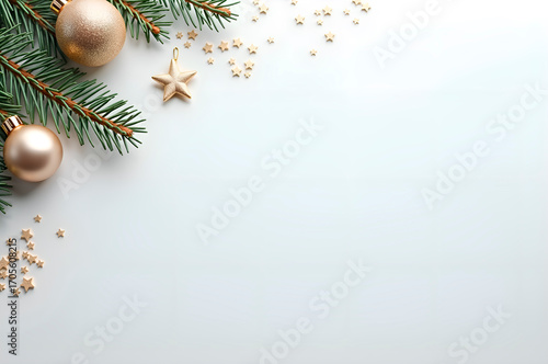 Festive Christmas Border with Pine Branch, Ornaments and Gold St