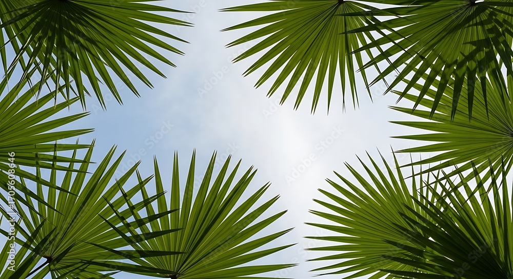 Fototapeta premium Looking Up at Palm Fronds Against a Bright Sky.