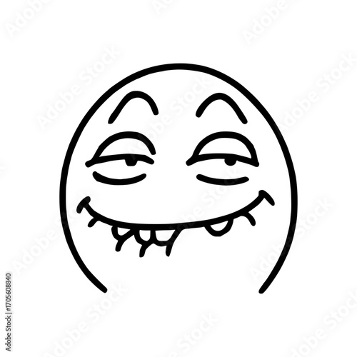 Mischievous cartoon face with a sly grin and wide eyes, perfect for expressing cheeky humor and playful mischief.