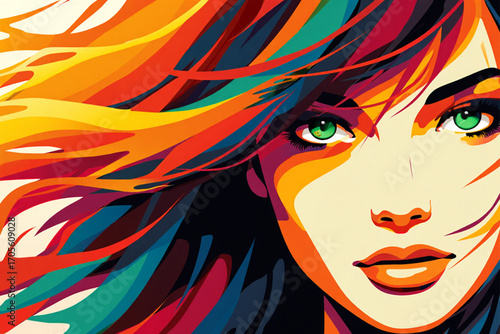 Vibrant abstract portrait of a woman with green eyes and colorful hair