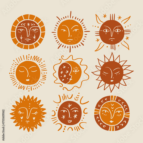 Vintage stylish stellar space astronomy characters hand-drawn set of crescent moon, sun and flowers, antique poster or print elements abstract collection witch astrology clipart