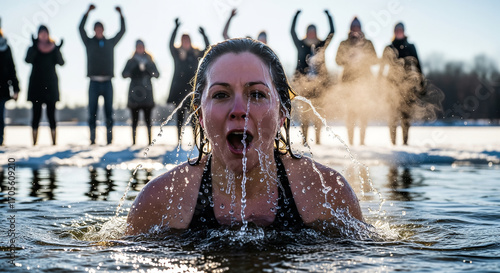Woman gasping during a New Year's Day polar bear plunge
