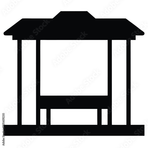 Black Silhouette Icon of a Gazebo with a Distinctive Roof Shape and Open Sides Keywords: gazebo, pavilion, shelter, structure, building, architecture, icon, silhouette, black and white, simple