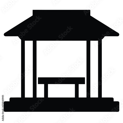 Black Silhouette Icon of a Gazebo with a Stepped Base and a Simple Roof Keywords: gazebo, pavilion, shelter, structure, building, architecture, icon, silhouette, black and white, simple