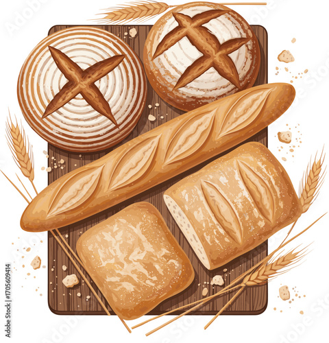 Gourmet Artisan Bread with Props Vector Illustration