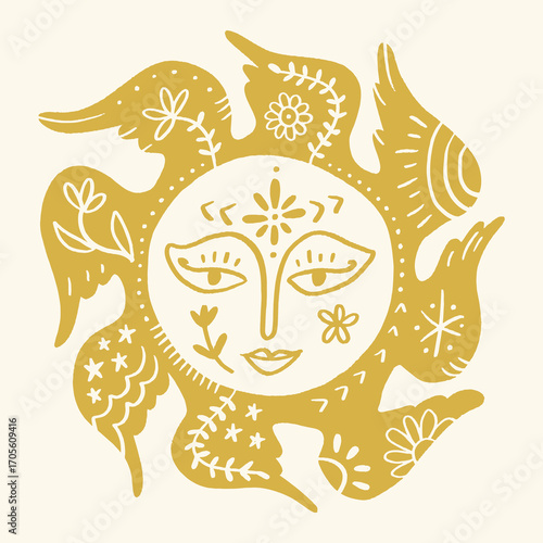 Golden Groovy Style Hippie Boho Retro Sun Illustration with Flowers and Stars Vector Clip-art