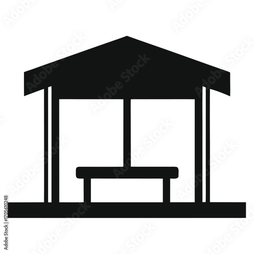 Black silhouette of an open-sided pavilion with a pitched roof and a central bench gazebo structure