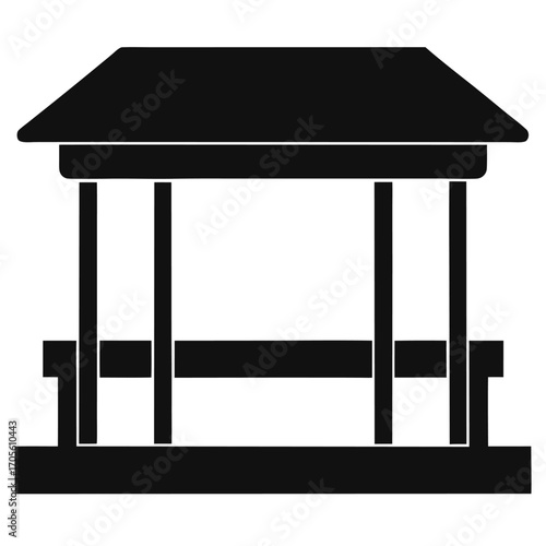 Black silhouette of a simple bus stop shelter with a bench and a roof supported by pillars Keywords: bus stop, shelter, bench, pillars, roof, waiting, public transport, transportation, simple