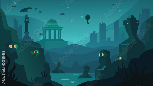 Mysterious underwater city ancient ruins sea life vector illustration scalable eps iconic
