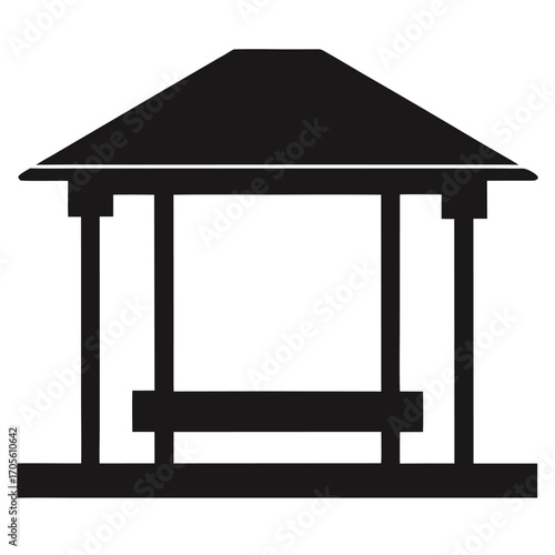 Stylized black silhouette of a gazebo or pavilion with a pitched roof and a bench structure shelter