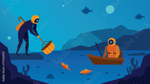 Underwater treasure hunt vector illustration diver exploring ancient ruins with treasure