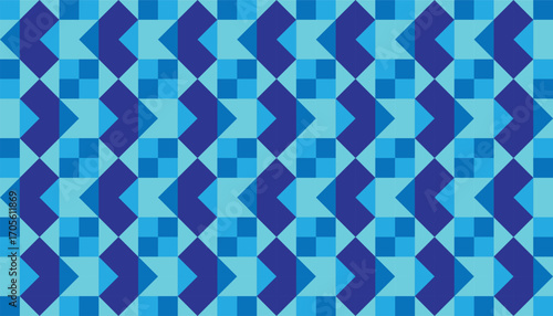Seamless geometric pattern in shades of blue, featuring angular arrow-like shapes and square blocks, perfect for modern backgrounds, textiles, or digital designs