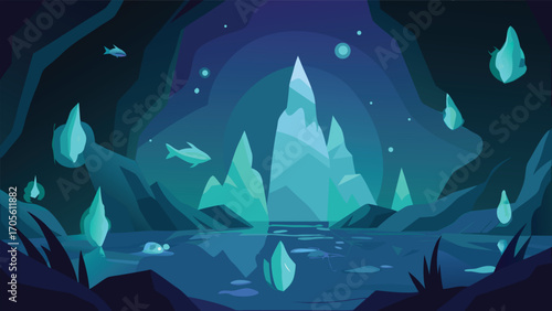 Enchanting underwater crystal cavern illustration glowing crystals mystical scene vector art