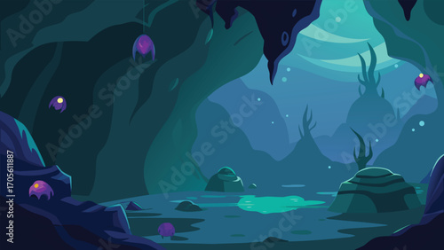 Mystical underwater cavern with glowing crystal and swimming fish scalable vector illustration