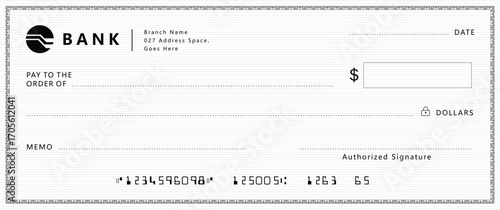Empty money cheque. Bank check. check book template with pattern and blank fields. Currency payment coupon, US dollar check background.