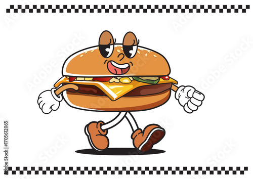 Smiling burger cartoon character walking with arms and legs on white background with checkered border. Food concept