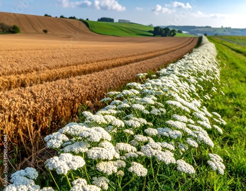 Golden wheat field meets white flower border