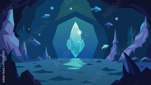 Mystical underwater cavern illustration with glowing crystals and ancient architecture vector art