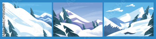 Winter mountains landscapes. Snow mountain with pine fir trees, snowy scenery for ski resort flat beautiful background cards set vector illustration