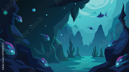 Mysterious glowing underwater cave with rare flora and fauna vector illustration