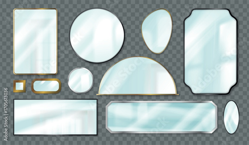 Realistic mirrors. Mirror frame reflect light, glass reflection effect frames round circle square oval shape hanging on bathroom wall home furniture, set exact vector illustration