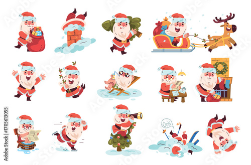 Funny cartoon santa. Cute claus characters set, xmas noel old man in christmas hat cap with gifts bag white beard new year mascot winter holiday present, classy vector illustration