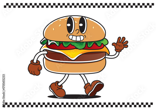 Joyful cartoon burger character walking and waving hello on white background with checkered frame. Food concept