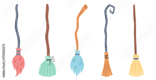 Witch flying broom set. Cute brooms or old style besom with different broomstick. Halloween party decoration or magic theme. Vector illustration in flat style isolated on white background. 