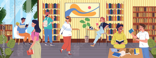 People public library. Students read books reading room college interior, young man woman choosing book on bookshelf study coworking bookstore bookcase, classy vector illustration