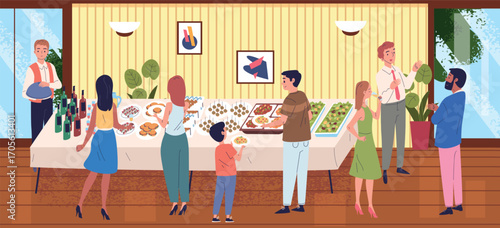 Hotel buffet. Smorgasbord in restaurant, people at dining table catering all inclusive service breakfast food wedding party business banquet cafe event, classy vector illustration