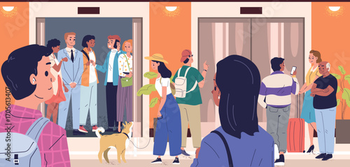 People waiting elevator. Crowd man woman wait line to lift inside lobby hall office building interior, employee group person stand queue door lifts gate, classy vector illustration