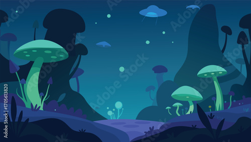 Mystical underwater environment with glowing mushrooms and deep sea flora vector illustration