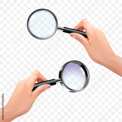 Hand hold magnifier. Realistic magnifying glass in arm, lupe magnify transparent lens find information zoom focus search business analyzing hr concept, 3d exact vector illustration