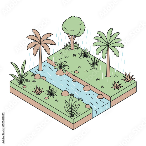 tropical rainforest ecosystem with stream lush vegetation palm trees and biodiversity perfect for illustrating natural environments  conservation
