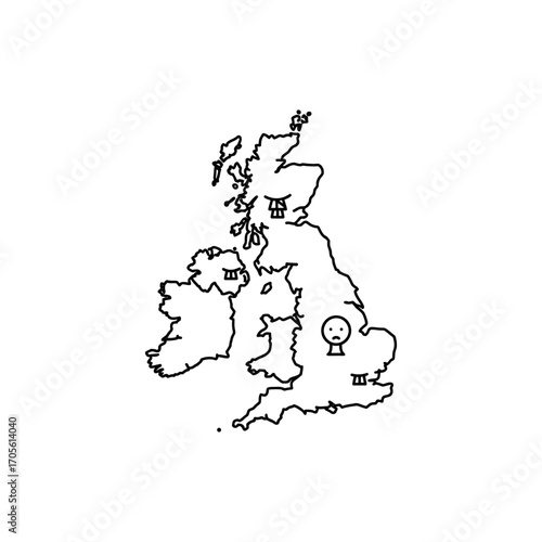 uk map with sad face  angry faces an unhappy britain due to regional disparities perfect for illustrating current event commentary.