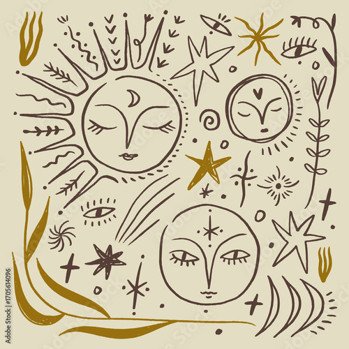 Celestial Doodle Sun, Moon, and Stars Illustration Vector Astrology Cute Clipart Set