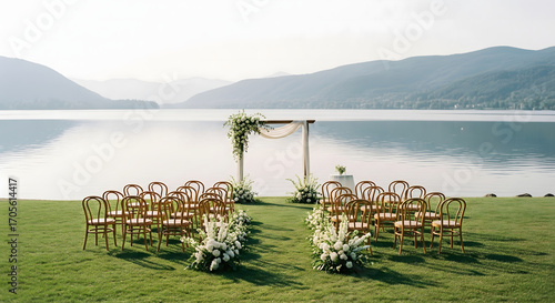 Lakeside wedding ceremony setup wooden chairs floral arrangements and archway overlooking calm water and mountains