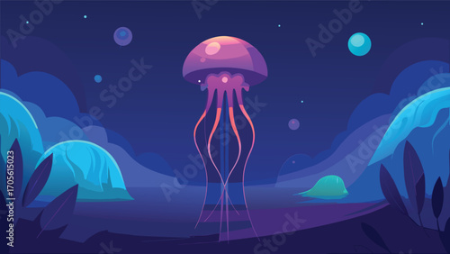 Mystical underwater realm with giant glowing jellyfish and bioluminescent flora vector illustration